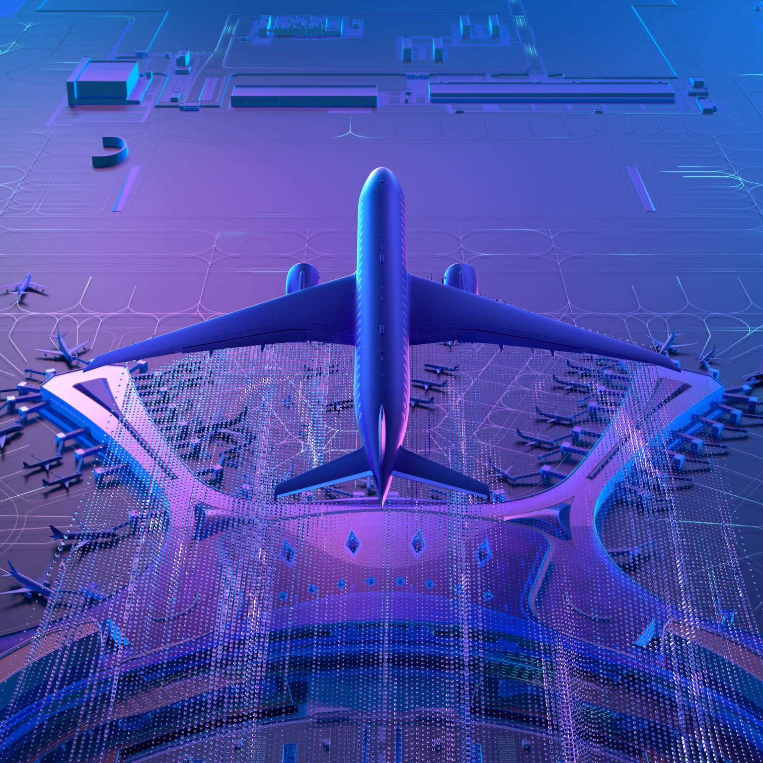 Futuristic 3D conceptual illustration shows passenger airplane viewed from above over a glowing digital airport or smart-city network. Blue and purple lighting, dotted data grids, curved infrastructure, aircraft silhouettes, and terminal-like structures emphasize aviation technology, connectivity, and automated transportation.