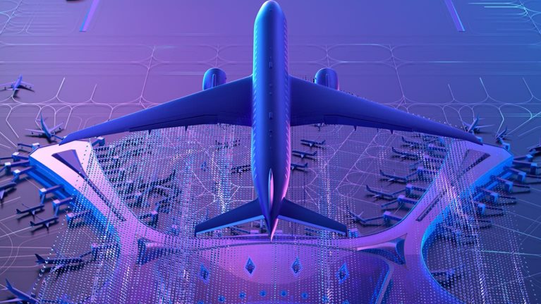 Futuristic 3D conceptual illustration shows passenger airplane viewed from above over a glowing digital airport or smart-city network. Blue and purple lighting, dotted data grids, curved infrastructure, aircraft silhouettes, and terminal-like structures emphasize aviation technology, connectivity, and automated transportation.
