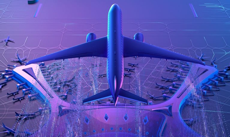 Futuristic 3D conceptual illustration shows passenger airplane viewed from above over a glowing digital airport or smart-city network. Blue and purple lighting, dotted data grids, curved infrastructure, aircraft silhouettes, and terminal-like structures emphasize aviation technology, connectivity, and automated transportation.