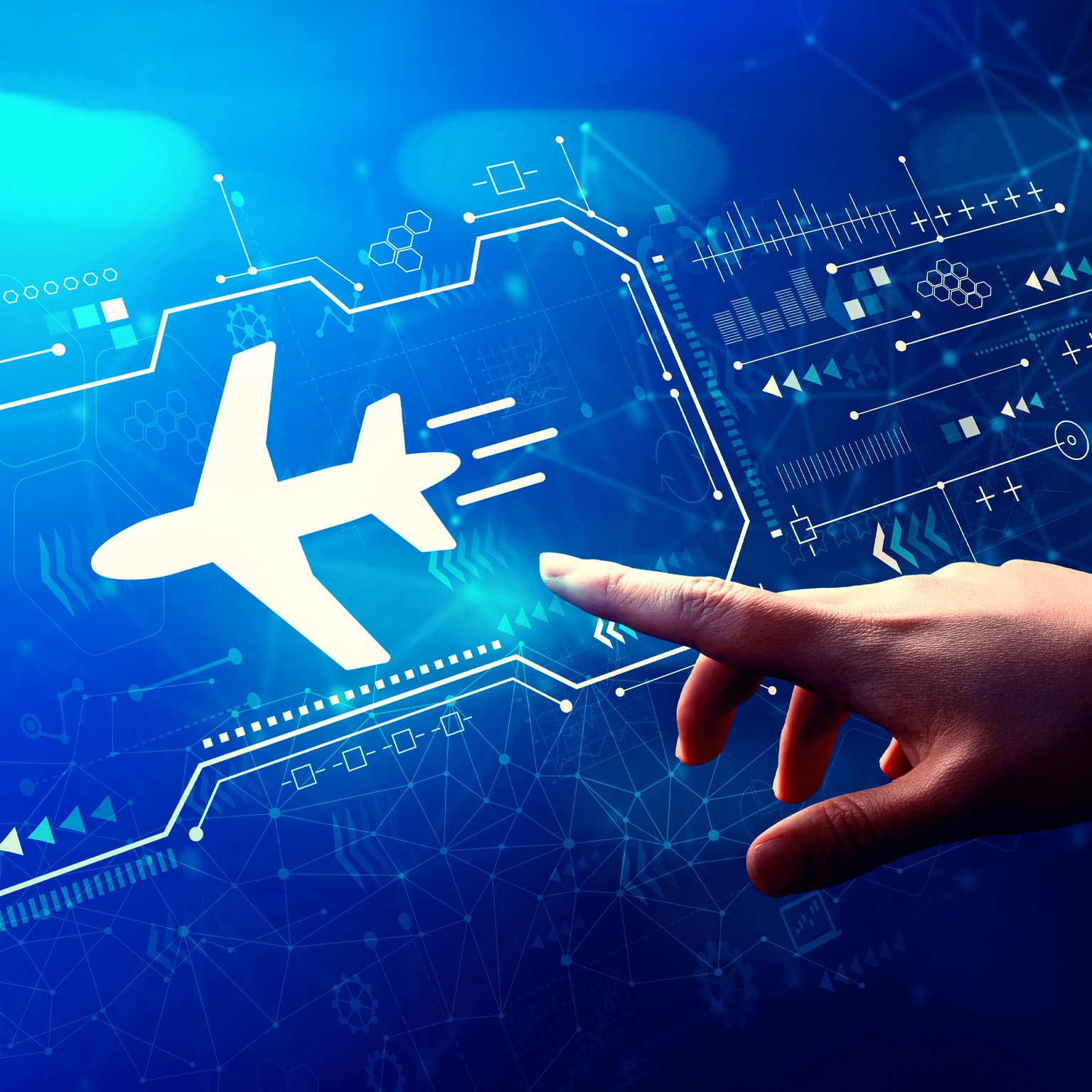 A hand reaching toward a glowing digital interface featuring the silhouette of an airplane. The background is filled with abstract data visuals and network-like graphics, set against a deep blue gradient.
