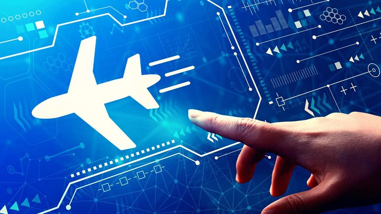 A hand reaching toward a glowing digital interface featuring the silhouette of an airplane. The background is filled with abstract data visuals and network-like graphics, set against a deep blue gradient.