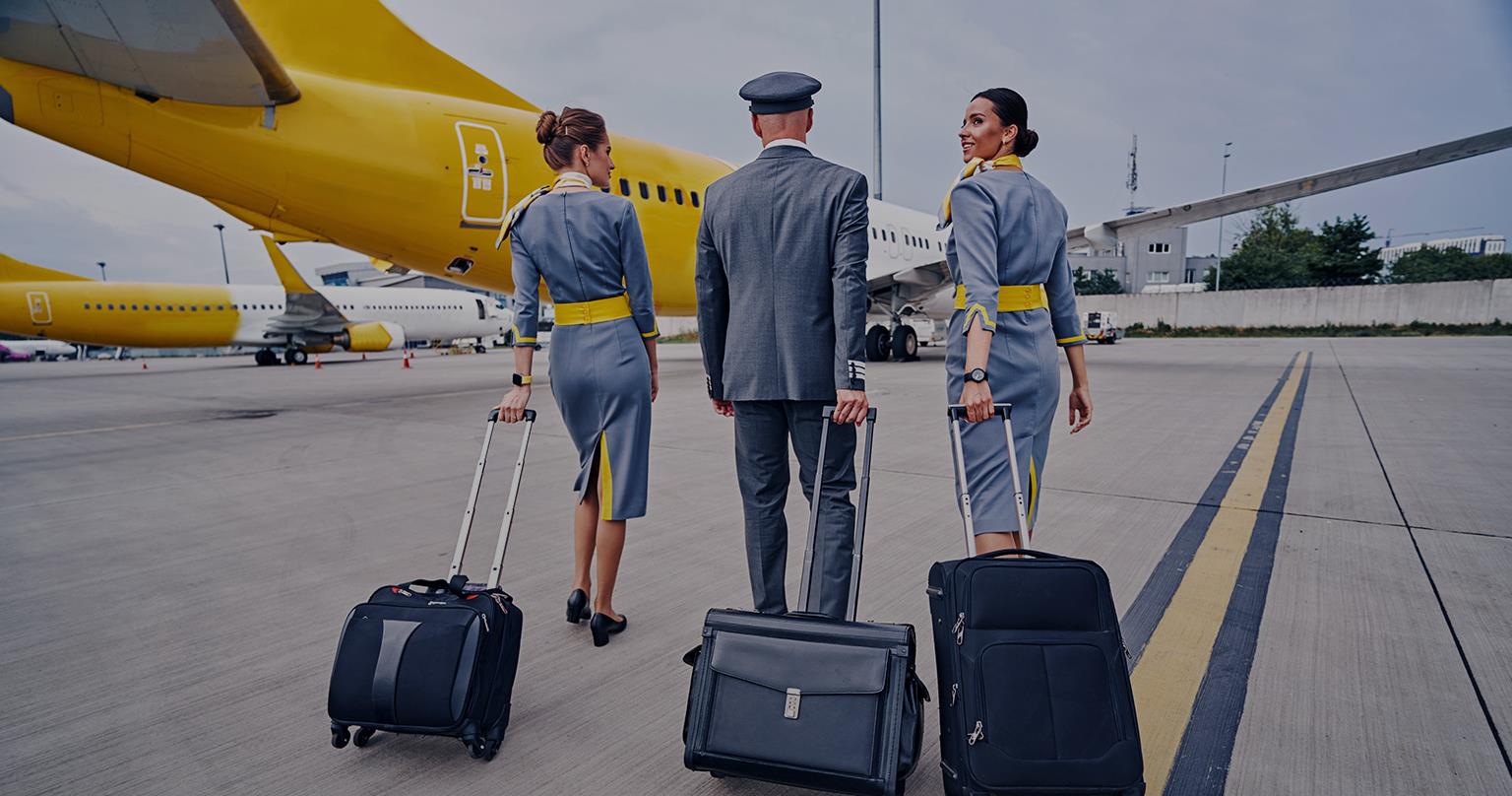 Flight crew walking towards the parked airplane