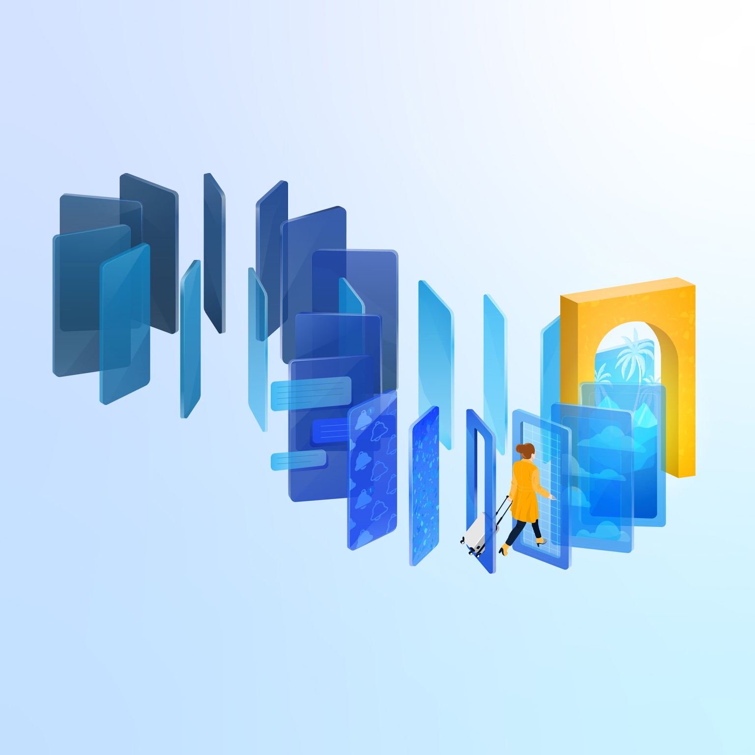 A digital illustration showing a traveler pulling a suitcase through a series of translucent blue panels that resemble digital screens, choices, and travel interfaces. The panels form the shape of a figure eight with one forming a bright yellow arched doorway with a tropical scene beyond it.