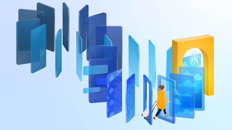 A digital illustration showing a traveler pulling a suitcase through a series of translucent blue panels that resemble digital screens, choices, and travel interfaces. The panels form the shape of a figure eight with one forming a bright yellow arched doorway with a tropical scene beyond it.