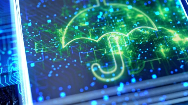 Umbrella on abstract technological background