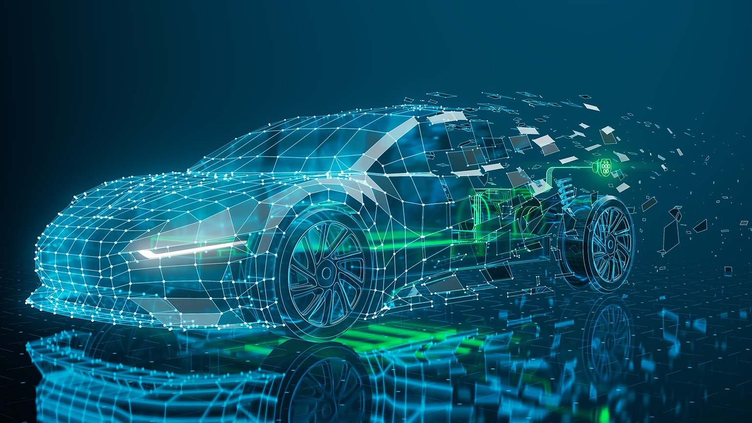 Glowing construction blueprint of futuristic electric car