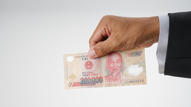Cropped hand holding Vietnam banknotes on white background.  - stock photo