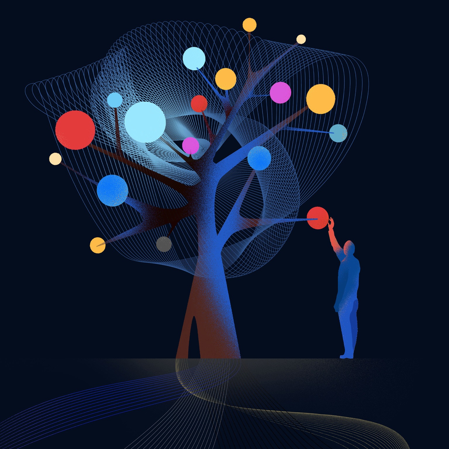 Dramatically colored illustration of a tree with glowing circles nestled on it’s branches, the tree’s canopy is represented by delicate line-work which expressively weaves around its branches. A figure reached up and touches one of the circles which then illuminates his arm. 