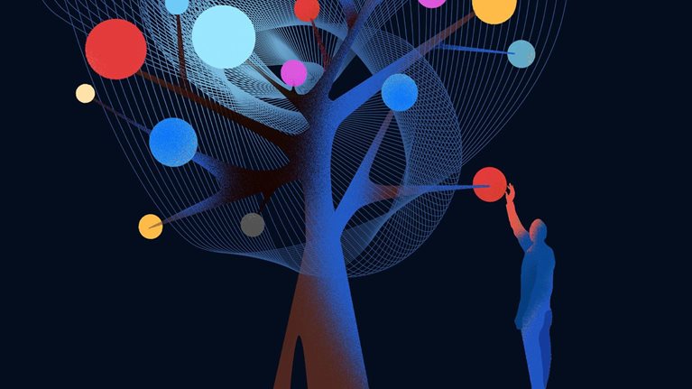 Dramatically colored illustration of a tree with glowing circles nestled on it’s branches, the tree’s canopy is represented by delicate line-work which expressively weaves around its branches. A figure reached up and touches one of the circles which then illuminates his arm.