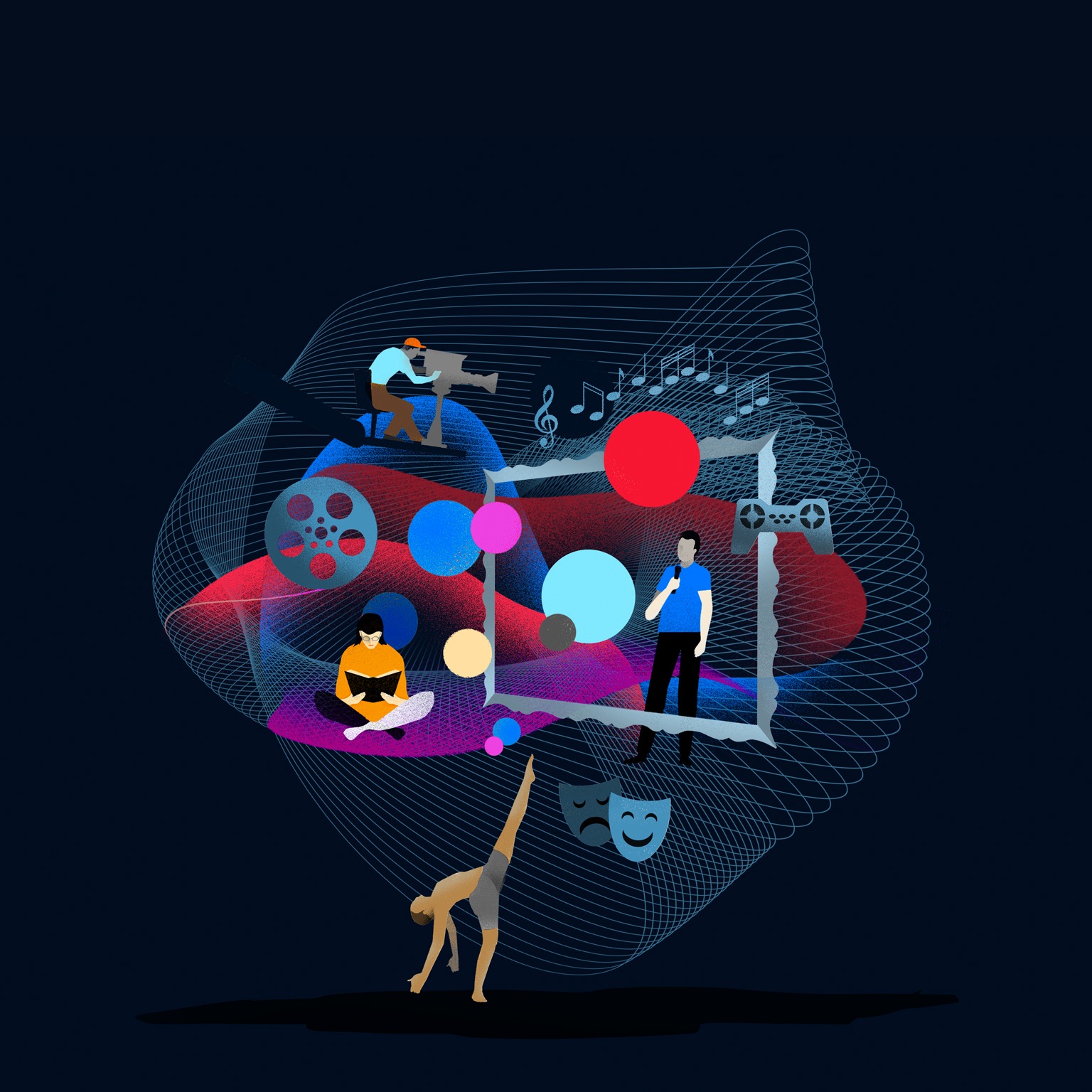 A vibrant illustration of 4 figures, including a videographer, speaker, dancer and a reader. Music notes, a movie reel, game remote and drama maskes along with colorful circles are mixed in the environment, which is set against delicate undulating line-work. 