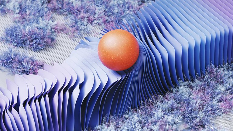 This image features a vibrant, abstract composition dominated by undulating, wave-like structures surrounding by growing plants. The purple waves represent the flow of data in a digital network, with the orange sphere symbolizing a key node or an important packet of information traveling through the system. The soft, moss-like elements represent cloud storage or areas of low activity, providing a dreamy, ethereal backdrop to the constant movement of data.