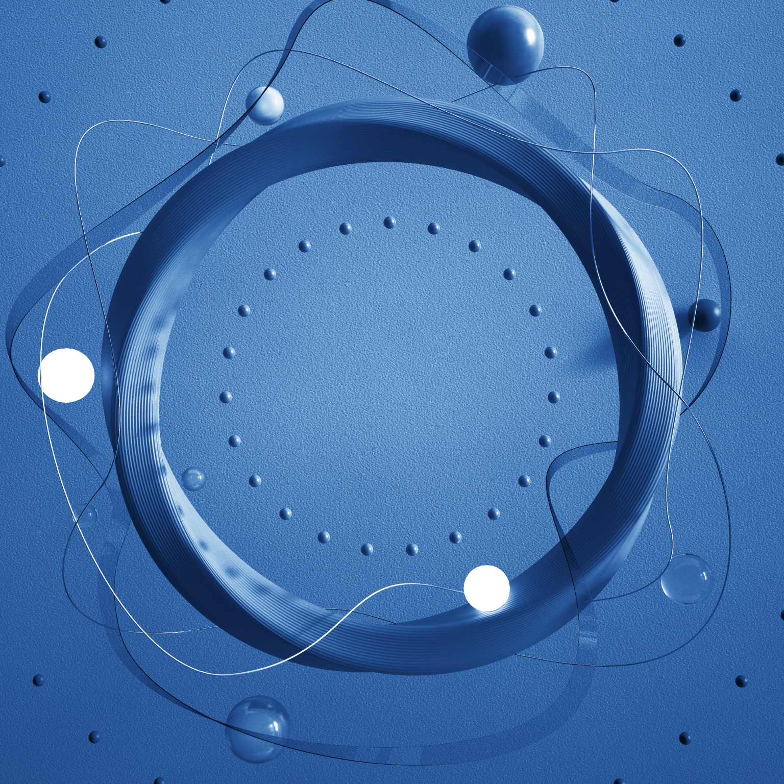 Digital generated image of abstract twisted circle with striped pattern and glowing spheres around it against grey background.