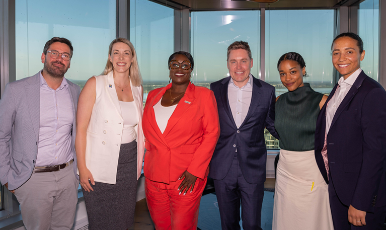 McKinsey & Company and McCarthy Tétrault Fierté event organizers: Norman Carra, Laurie Lanoue, Charlene Theodore, Bryn Gray, Liela Touré, and Ruth Knox