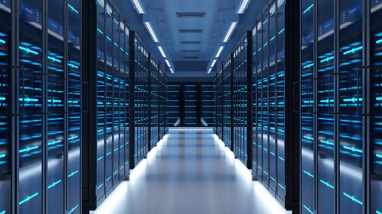 This image shows a modern data center facility designed for high-performance computing, such as AI workloads or cloud services.