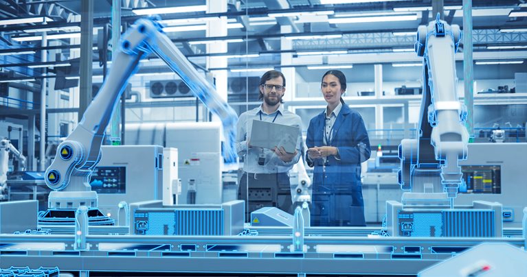 Managers discussing work while futuristic AI computer vision analyzing, ccanning production line - stock photo