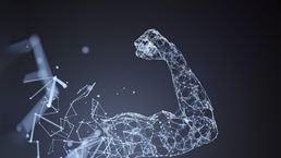 Image of polygon digital network lines forming the shape of a strong arm.