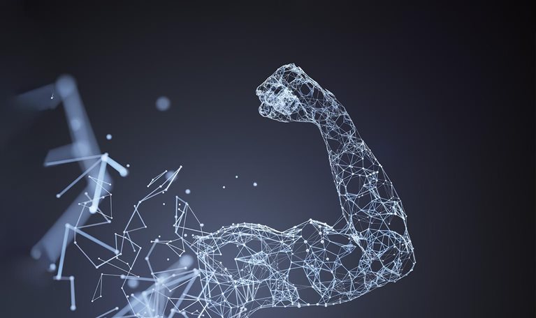 Image of polygon digital network lines forming the shape of a strong arm.