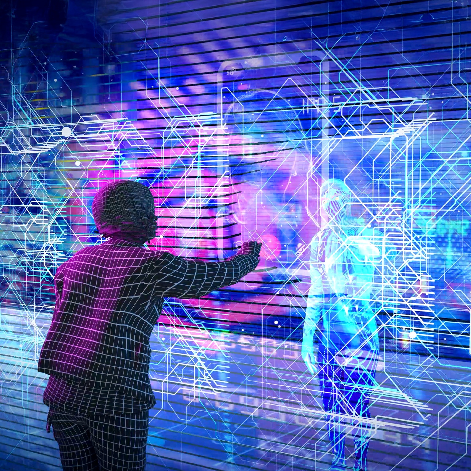 A futuristic digital scene where a person, rendered in a wireframe design, reaches toward a holographic figure through a vibrant, neon-lit interface. The background is filled with complex circuitry patterns and glowing blue and purple tones, symbolizing human interaction with advanced artificial intelligence.