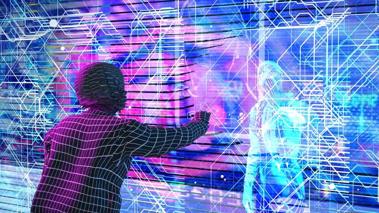 A futuristic digital scene where a person, rendered in a wireframe design, reaches toward a holographic figure through a vibrant, neon-lit interface. The background is filled with complex circuitry patterns and glowing blue and purple tones, symbolizing human interaction with advanced artificial intelligence.