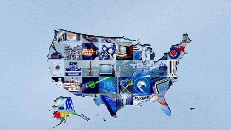 A cutout silhouette of the United States filled with a collage of photographs representing American technological innovations spanning 250 years. Inside the map are images of inventions and advancements such as vintage cars and televisions, farm equipment, computer chips, servers, DNA strands, medical scanners, and digital technology, symbolizing America’s technological progress and competitive edge.