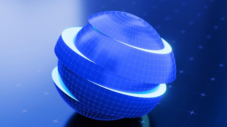 A glowing blue sphere composed of segmented, grid-lined layers appears to float above a reflective digital surface. The futuristic design suggests global trade, interconnected systems, and a world being reshaped by shifting economic flows.