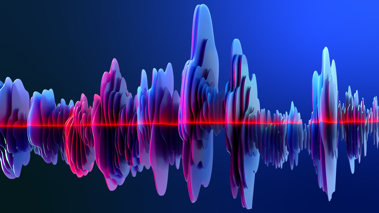 A vibrant abstract image of a waveform-like structure, symmetrical and balanced, with peaks and valleys intersected by a vivid red line.