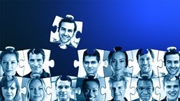 A picture of a puzzle with different faces on each pieces, with a missing piece in the middle and another flying off.