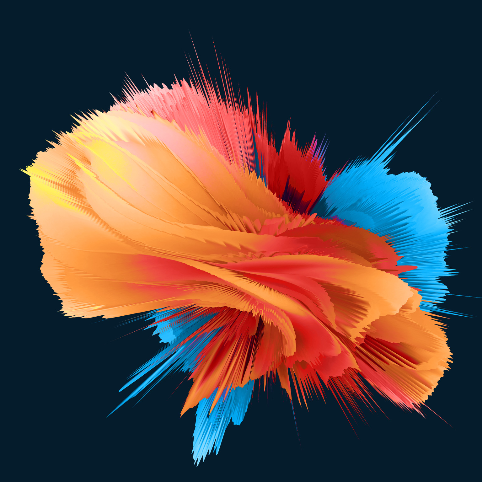 An abstract burst of layered, ribbon-like forms spreads outward in vivid orange, red, yellow, and blue against a dark background.