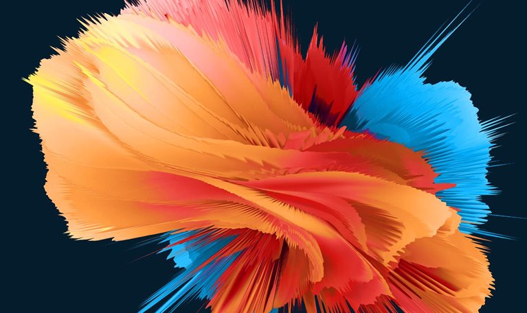 An abstract burst of layered, ribbon-like forms spreads outward in vivid orange, red, yellow, and blue against a dark background.