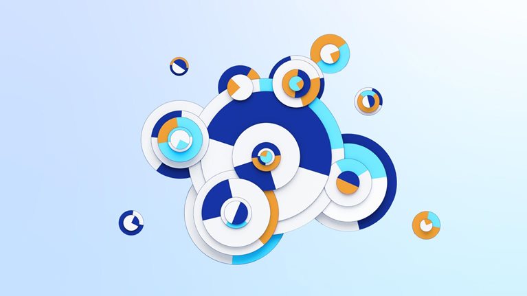 A collection of overlapping circles in blue, white, and orange hues set against a pale blue background. The circles vary in size and some resemble pie charts, creating a sense of depth and playful data.