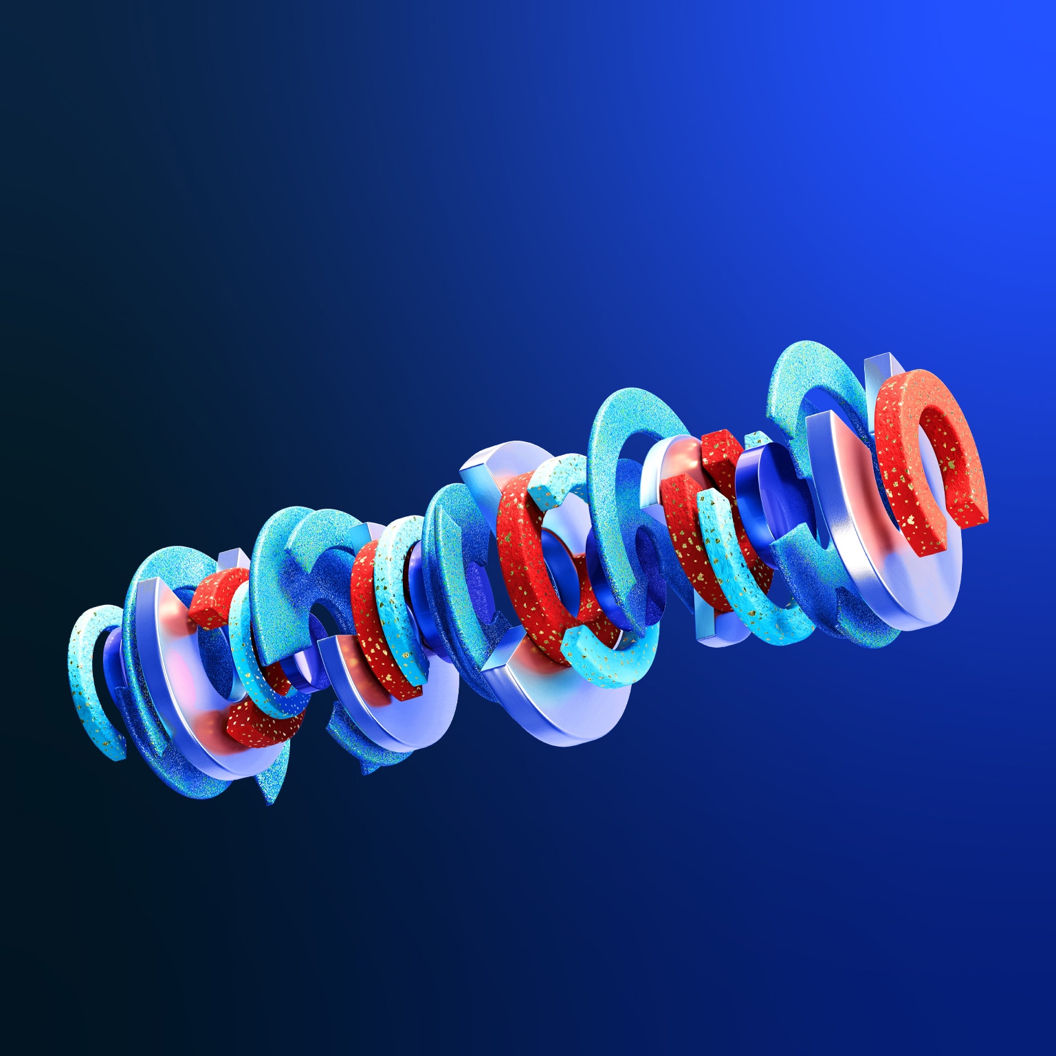 A long, twisting chain of interlocking, semi-circular 3D shapes in bright blues and reds, textured with speckles and metallic surfaces. It sits against a deep blue gradient background, giving the composition a futuristic and dynamic visual feel.