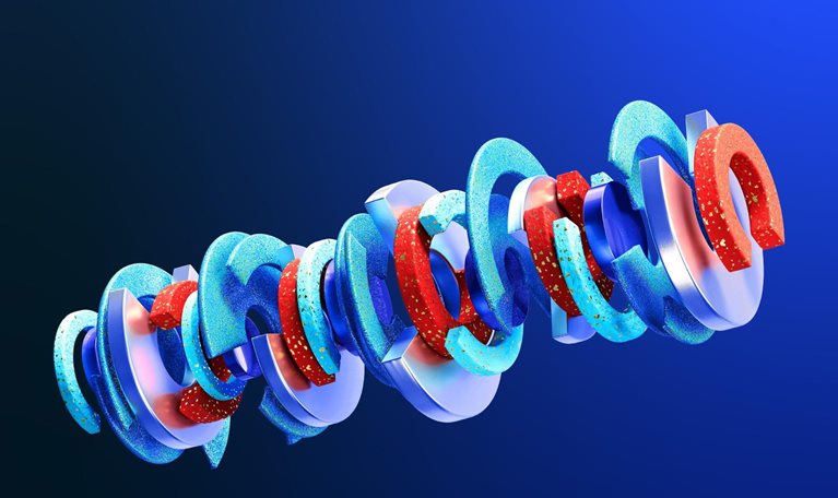 A long, twisting chain of interlocking, semi-circular 3D shapes in bright blues and reds, textured with speckles and metallic surfaces. It sits against a deep blue gradient background, giving the composition a futuristic and dynamic visual feel.