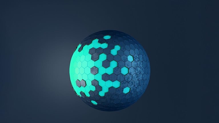 A sphere composed of hexagonal panels, some dark blue and others glowing teal. The sphere appears three-dimensional and has a slightly textured surface, giving it a metallic feel.