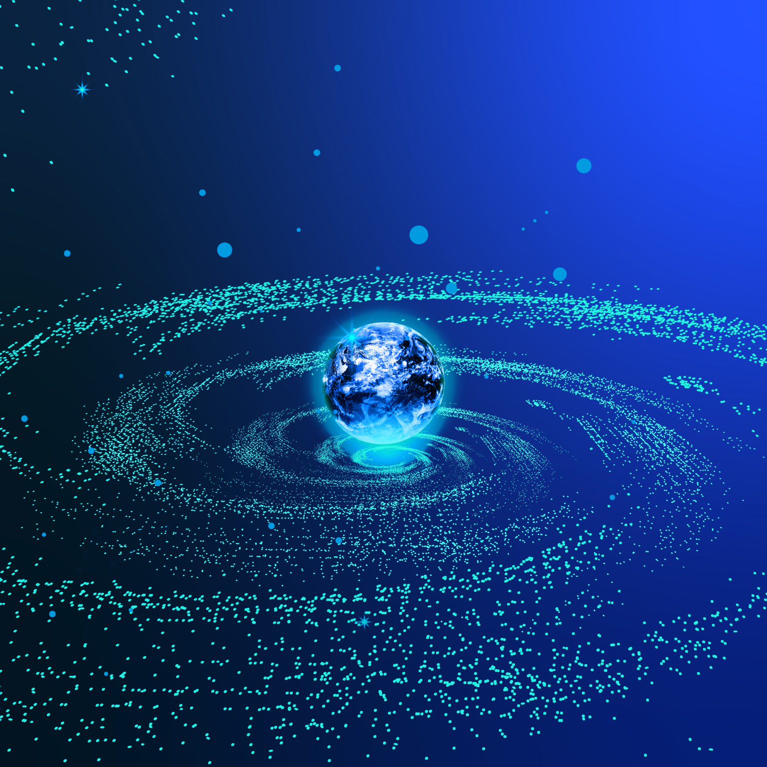 A glowing Earth sits at the center of swirling rings of luminous data points and digital connections against a deep blue background. 