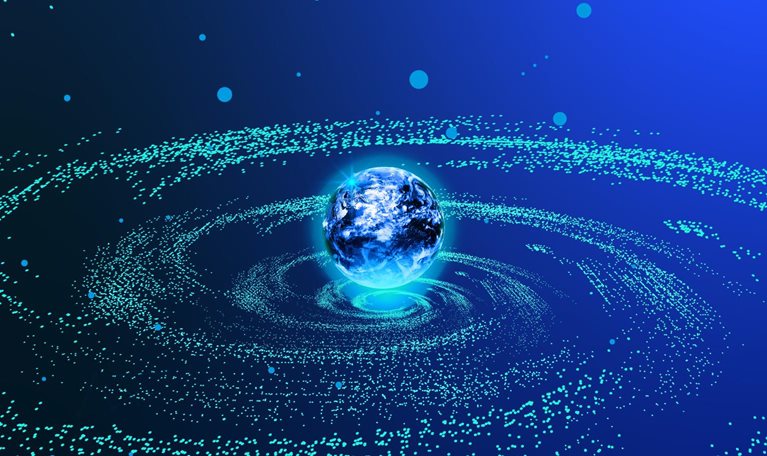 A glowing Earth sits at the center of swirling rings of luminous data points and digital connections against a deep blue background.