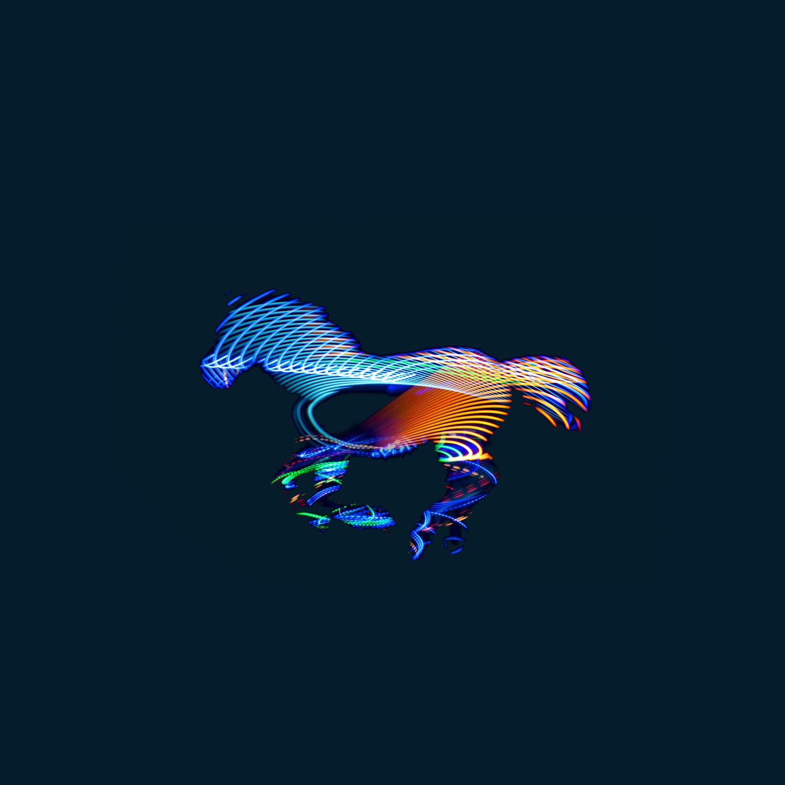 A running horse, portrayed in profile, is illustrated using beams of light. The light consists of blue and orange hues, highlighted by touches of green and purple, contrasting against a deep navy blue backdrop.