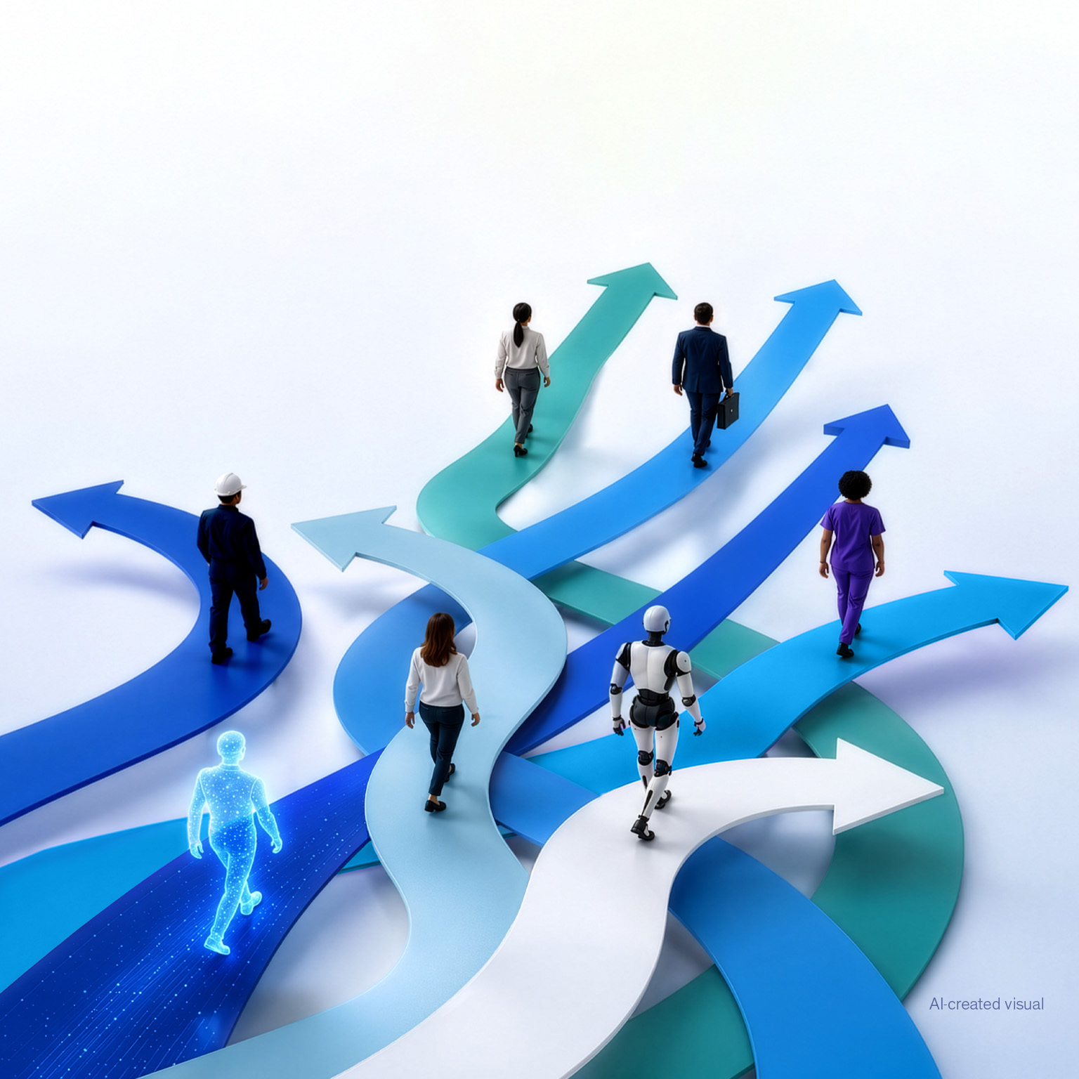 People in varied work attire, a humanoid robot, and a glowing human figure walk along overlapping blue, teal, and white arrow-shaped paths pointing in different directions on a white background; the text “AI created visual” appears at lower right.