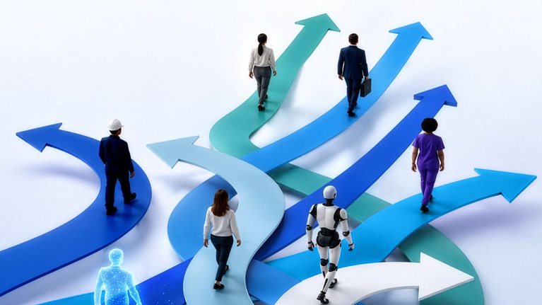 People in varied work attire, a humanoid robot, and a glowing human figure walk along overlapping blue, teal, and white arrow-shaped paths pointing in different directions on a white background; the text “AI created visual” appears at lower right.