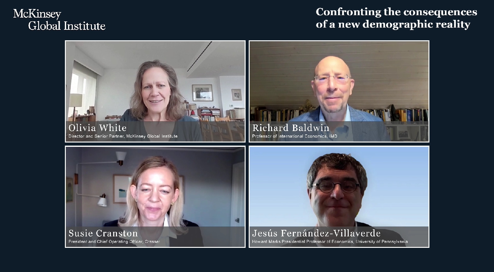 Demographics webinar with Olivia White, Richard Baldwin, Susie Cranston, and Jesus Fernandez-Villaverde