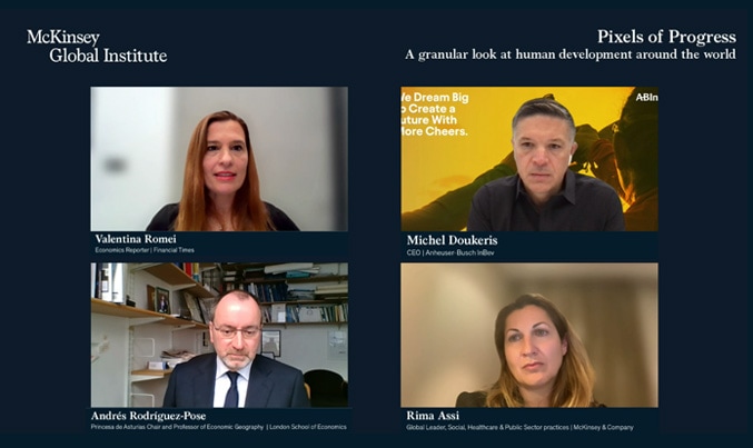 Pixels of Progress webinar Rima Assi, Michel Doukeris, Valentina Romei, Andres Rodriguez-Pose