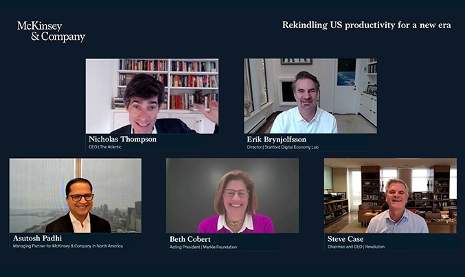 US productivity webinar Nicholas Thompson, Erik Brynjolfsson, Austosh Padhi, Beth Cobert, Steve Case