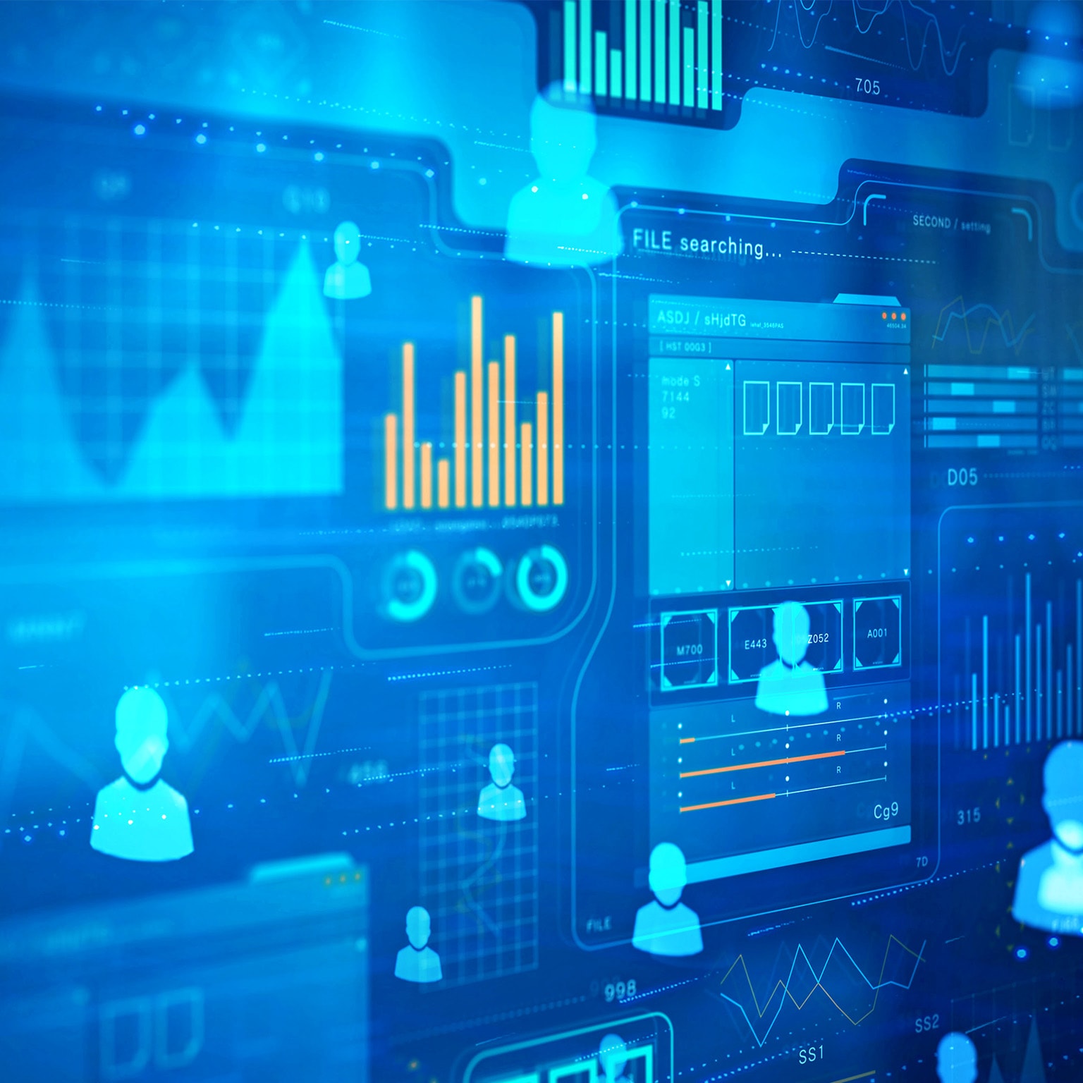 The image depicts a digital interface with data visualizations and user profile icons, symbolizing data analytics, networked systems, or digital health technology