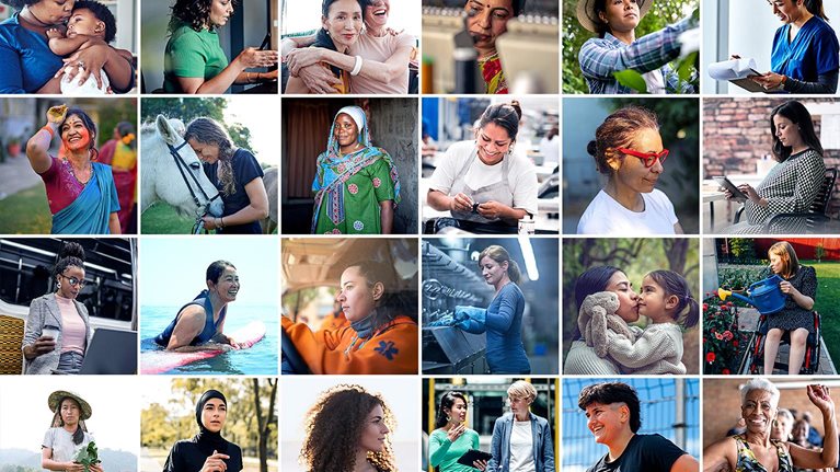 A collection of images of a diverse group of women of all ages and ethnicities, engaged in a variety of activities and professions.