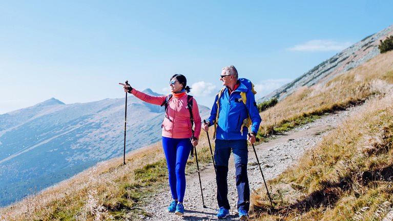 Two people hiking along a narrow mountain trail, using trekking poles as they walk through a grassy, sloping landscape. One of them is pointing toward the distant peaks under a clear blue sky, suggesting they’re discussing the route or admiring the view.