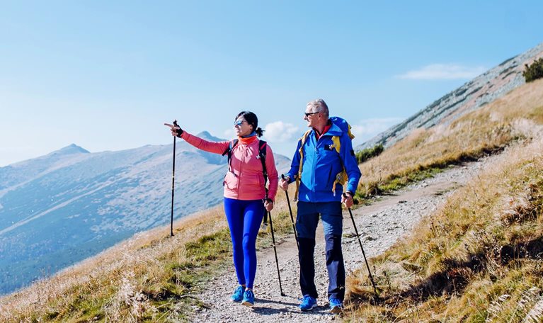 Two people hiking along a narrow mountain trail, using trekking poles as they walk through a grassy, sloping landscape. One of them is pointing toward the distant peaks under a clear blue sky, suggesting they’re discussing the route or admiring the view.