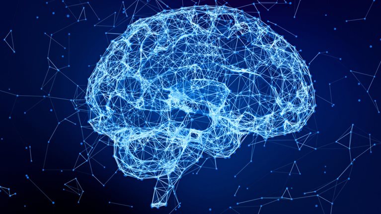Abstract illustration of a glowing wireframe brain made of interconnected blue lines and nodes against a dark blue background.