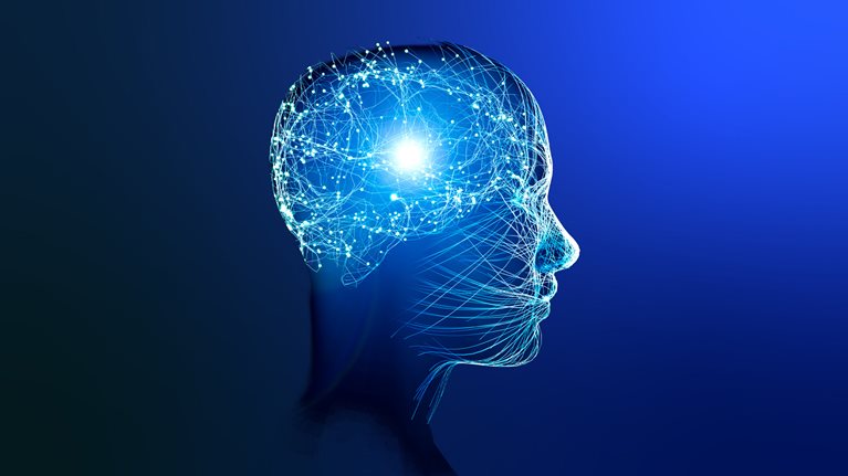 A stylized profile of a human head depicted in blue hues, with an illuminated network of lines and nodes symbolizing neural activity within the brain.