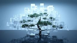 Digitally generated image of a tree inside glass containers on a blue background