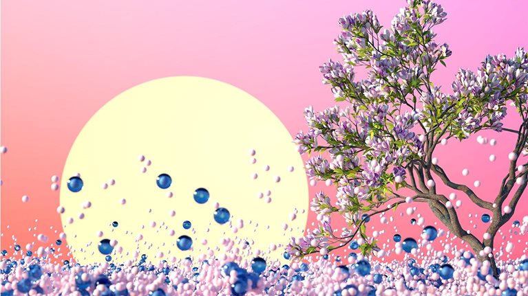 Image of a surreal landscape with a large sunrise and magnolia with blue and white bouncing balls.
