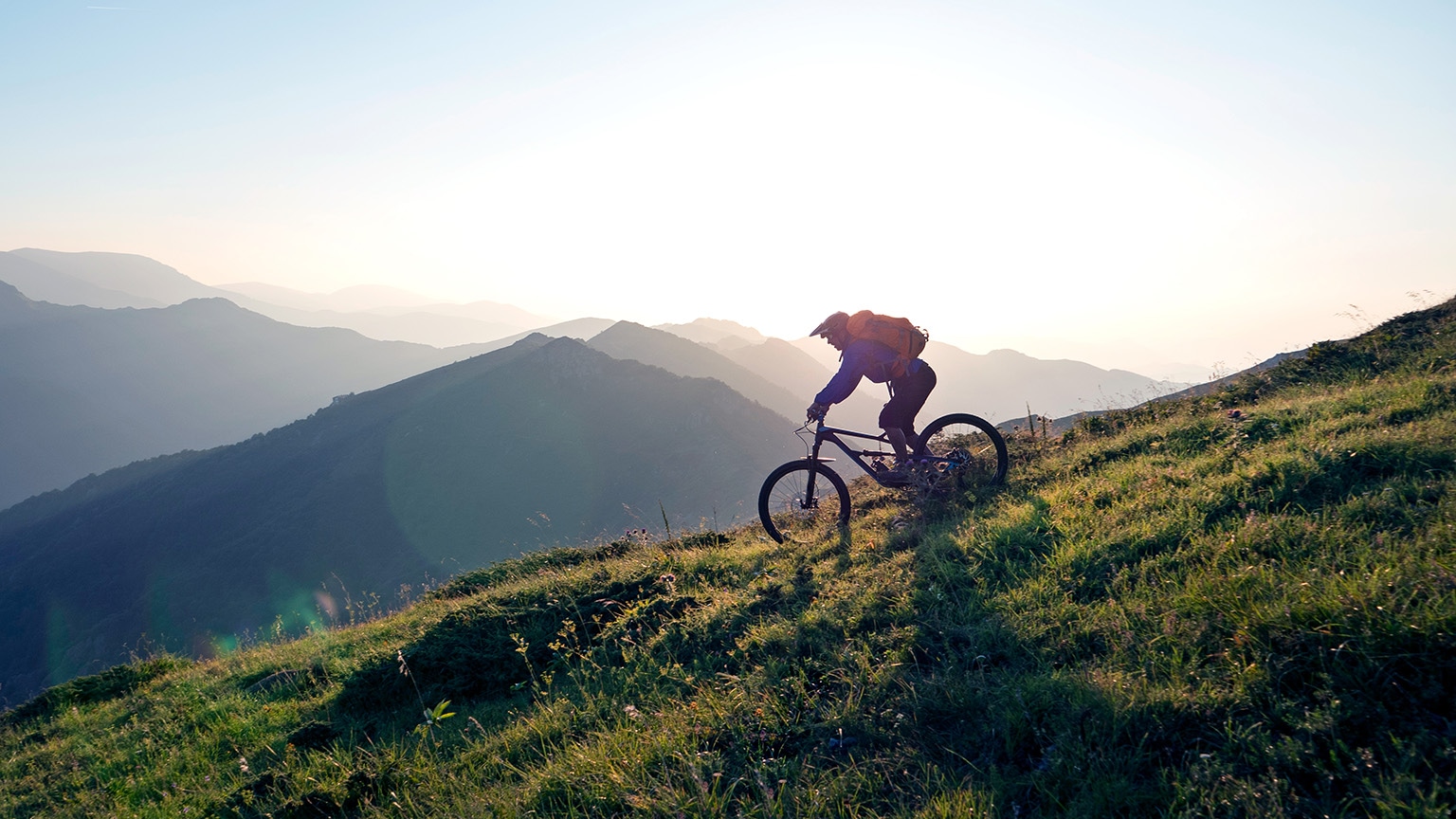 Image of a someone on mountain bike riding down a verdant green slope with mountains in the background.